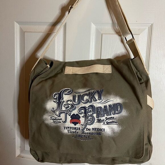 Lucky Brand large canvas olive green messenger bag with adjustable beige strap. - Picture 1 of 9
